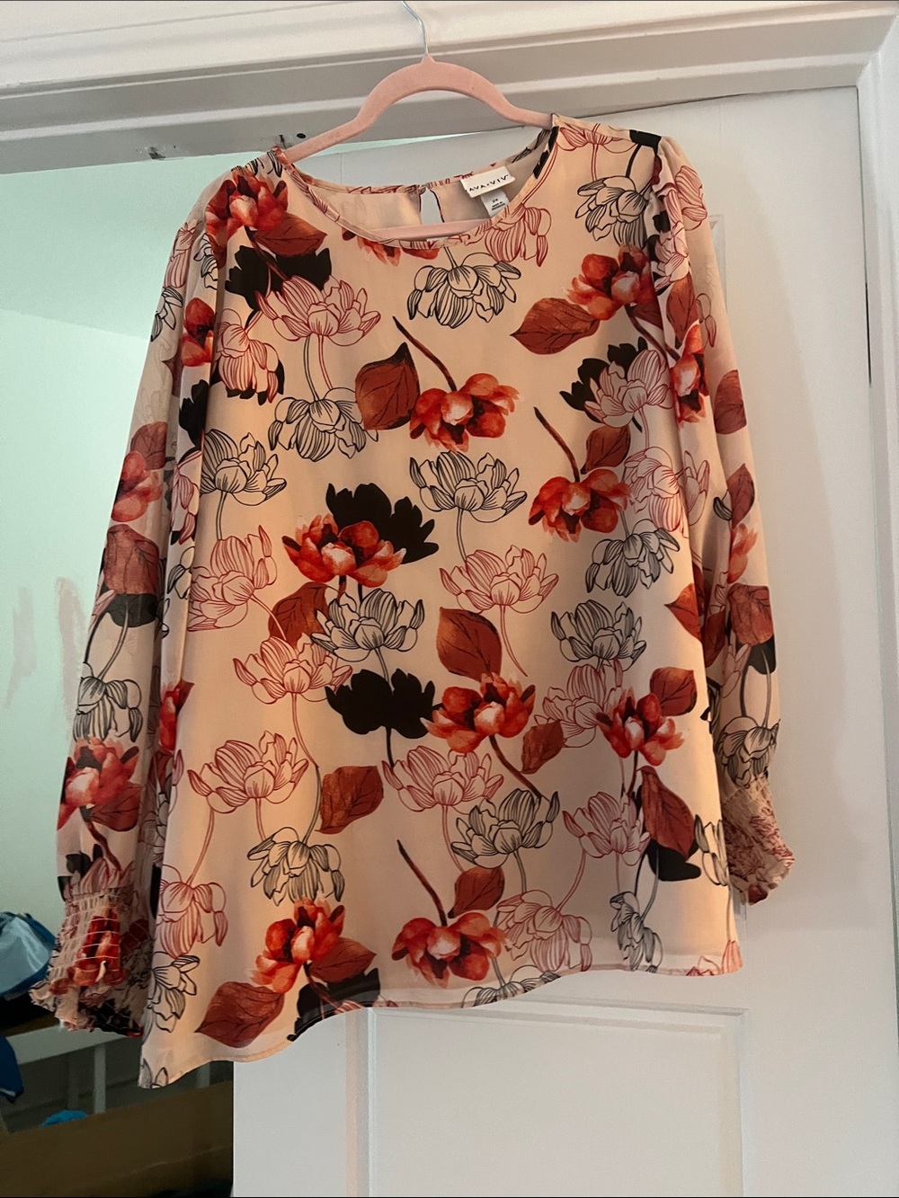 Floral Chiffon Long-Sleeve Blouse - Cream & Rust